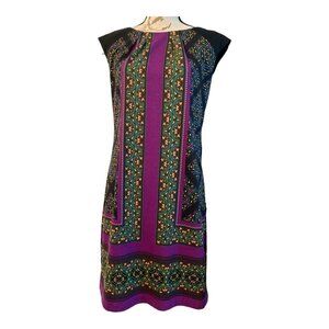 London Style Collection dress, size L.  Knit sheath style.  Black, purple design